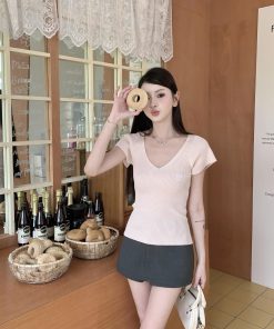 Women's Summer V-Neck Flutter Sleeve Ice Silk Ribbed Knit T-Shirt Top in Pink - Stylish Vertical Stripes for a Chic Look