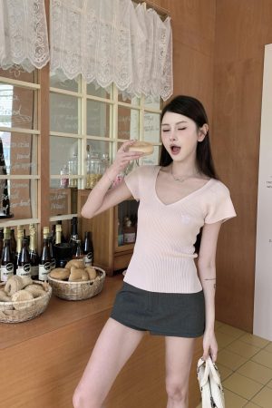 Women's Summer V-Neck Flutter Sleeve Ice Silk Ribbed Knit T-Shirt Top in Pink - Stylish Vertical Stripes for a Chic Look