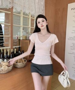 Women's Summer V-Neck Flutter Sleeve Ice Silk Ribbed Knit T-Shirt Top in Pink - Stylish Vertical Stripes for a Chic Look
