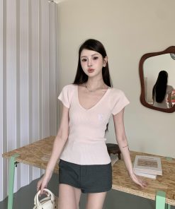 Women's Summer V-Neck Flutter Sleeve Ice Silk Ribbed Knit T-Shirt Top in Pink - Stylish Vertical Stripes for a Chic Look