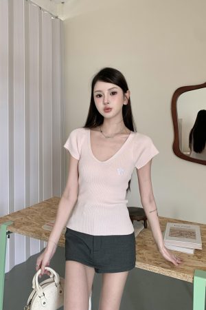 Women's Summer V-Neck Flutter Sleeve Ice Silk Ribbed Knit T-Shirt Top in Pink - Stylish Vertical Stripes for a Chic Look