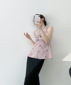 Women's Summer V-neck Twisted Knot Sleeveless Halter Top - Embroidered Cherry Blossom Design, Slim-Fit, Waist-Defining Style