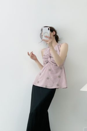 Women's Summer V-neck Twisted Knot Sleeveless Halter Top - Embroidered Cherry Blossom Design, Slim-Fit, Waist-Defining Style