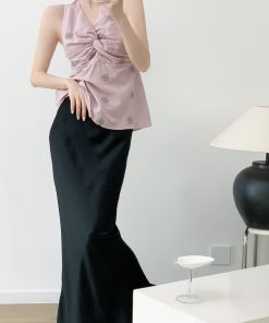 Women's Summer V-neck Twisted Knot Sleeveless Halter Top - Embroidered Cherry Blossom Design, Slim-Fit, Waist-Defining Style