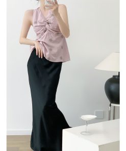 Women's Summer V-neck Twisted Knot Sleeveless Halter Top - Embroidered Cherry Blossom Design, Slim-Fit, Waist-Defining Style