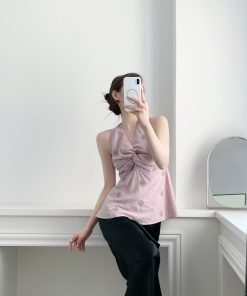 Women's Summer V-neck Twisted Knot Sleeveless Halter Top - Embroidered Cherry Blossom Design, Slim-Fit, Waist-Defining Style