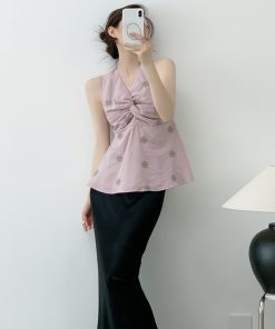 Women's Summer V-neck Twisted Knot Sleeveless Halter Top - Embroidered Cherry Blossom Design, Slim-Fit, Waist-Defining Style