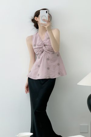 Women's Summer V-neck Twisted Knot Sleeveless Halter Top - Embroidered Cherry Blossom Design, Slim-Fit, Waist-Defining Style