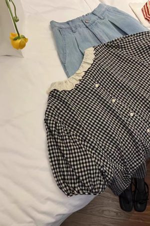 Women's Sweet Lace Trim Doll Patchwork Plaid Puff Sleeve Shirt - Korean Style Summer 2025 Fashion