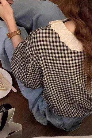 Women's Sweet Lace Trim Doll Patchwork Plaid Puff Sleeve Shirt - Korean Style Summer 2025 Fashion