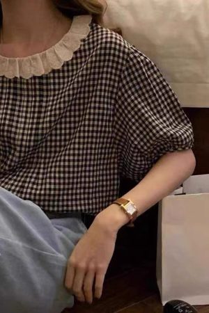 Women's Sweet Lace Trim Doll Patchwork Plaid Puff Sleeve Shirt - Korean Style Summer 2025 Fashion