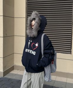 Women's Thickened Fur Collar Hooded Coat, Trendy American Style Cotton Jacket, Winter Fashion, Couples' Outerwear