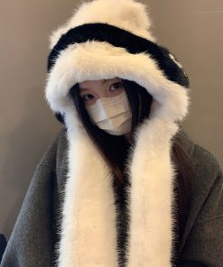 Women's Thickened Teddy Bear Plush Hat and Scarf Set with Cute Bow – Warm Ear Protection for Autumn and Winter