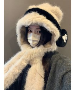 Women's Thickened Teddy Bear Plush Hat and Scarf Set with Cute Bow – Warm Ear Protection for Autumn and Winter