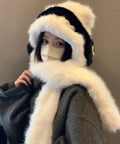 Women's Thickened Teddy Bear Plush Hat and Scarf Set with Cute Bow â€“ Warm Ear Protection for Autumn and Winter