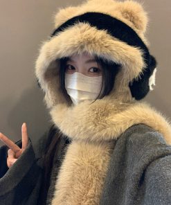 Women's Thickened Teddy Bear Plush Hat and Scarf Set with Cute Bow – Warm Ear Protection for Autumn and Winter