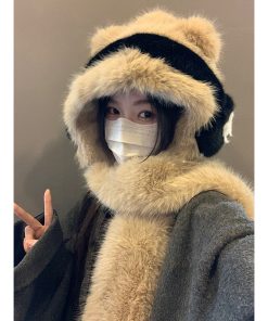 Women's Thickened Teddy Bear Plush Hat and Scarf Set with Cute Bow – Warm Ear Protection for Autumn and Winter