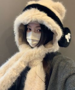 Women's Thickened Teddy Bear Plush Hat and Scarf Set with Cute Bow – Warm Ear Protection for Autumn and Winter