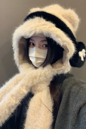 Women's Thickened Teddy Bear Plush Hat and Scarf Set with Cute Bow â€“ Warm Ear Protection for Autumn and Winter