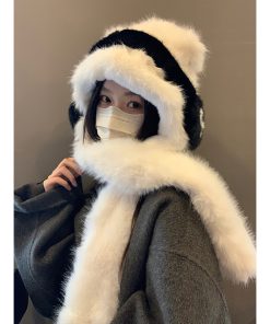 Women's Thickened Teddy Bear Plush Hat and Scarf Set with Cute Bow â€“ Warm Ear Protection for Autumn and Winter