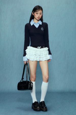 Women's Two-Piece Knitted Sweater Set - Long Sleeve Polo Collar, Slim Fit, Autumn Winter College Style