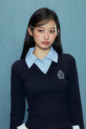 Women's Two-Piece Knitted Sweater Set - Long Sleeve Polo Collar, Slim Fit, Autumn Winter College Style