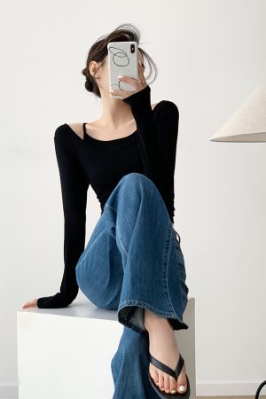 Women's Two-Piece Round Neck Long Sleeve T-Shirt - Versatile Layering Base Top for Spring 2025, Y2K Style