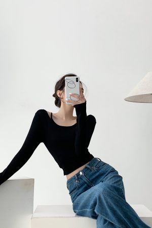 Women's Two-Piece Round Neck Long Sleeve T-Shirt - Versatile Layering Base Top for Spring 2025, Y2K Style