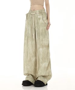 Women's Vintage American Streetwear Wide-Leg Drawstring Pants - Versatile Straight Leg Floor-Length Trousers for Summer Fashion