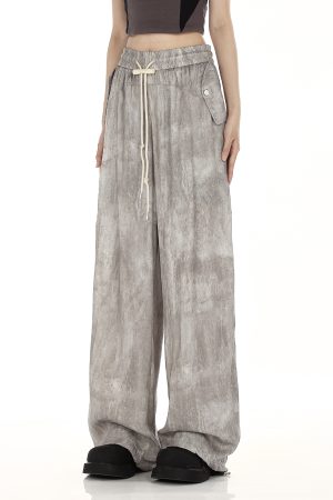 Women's Vintage American Streetwear Wide-Leg Drawstring Pants - Versatile Straight Leg Floor-Length Trousers for Summer Fashion