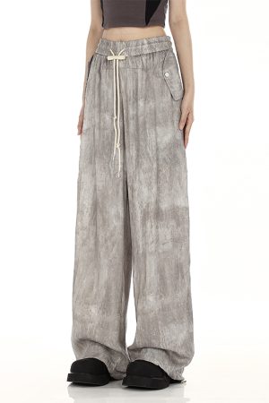Women's Vintage American Streetwear Wide-Leg Drawstring Pants - Versatile Straight Leg Floor-Length Trousers for Summer Fashion
