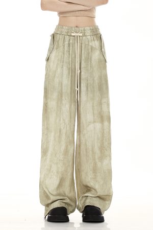 Women's Vintage American Streetwear Wide-Leg Drawstring Pants - Versatile Straight Leg Floor-Length Trousers for Summer Fashion