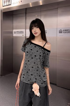 Women's Vintage Asymmetrical Shoulder T-Shirt - Relaxed Fit, Short Sleeve, Summer Style, European American Fashion