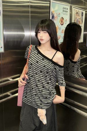 Women's Vintage Asymmetrical Shoulder T-Shirt - Relaxed Fit, Short Sleeve, Summer Style, European American Fashion