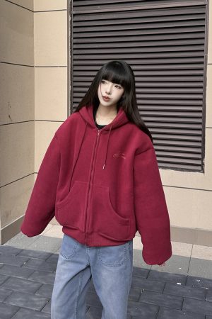 Women's Vintage Heavy Embroidery Hooded Sweatshirt - Thick Zipper Cardigan Jacket for Autumn Winter - Trendy American Style