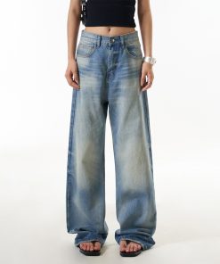 Women's Vintage High Street Cat Whisker Washed Loose Straight Leg Pants with Slimming Draped Wide Leg Design