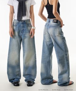 Women's Vintage High Street Cat Whisker Washed Loose Straight Leg Pants with Slimming Draped Wide Leg Design