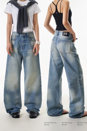 Women's Vintage High Street Cat Whisker Washed Loose Straight Leg Pants with Slimming Draped Wide Leg Design