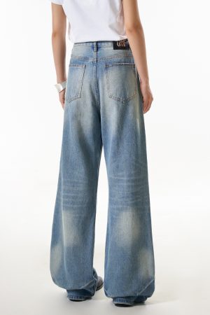Women's Vintage High Street Cat Whisker Washed Loose Straight Leg Pants with Slimming Draped Wide Leg Design