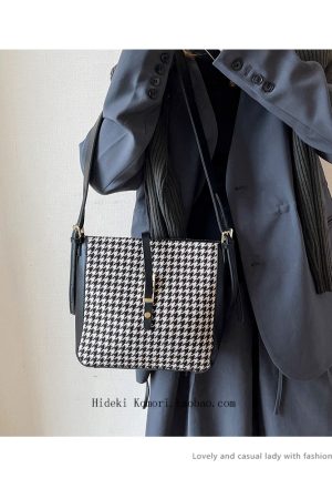 Women's Vintage Houndstooth Wool Crossbody Shoulder Bag - Fashionable Large Capacity Bucket Style for 2025