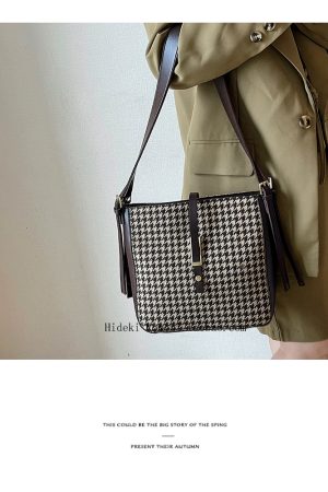 Women's Vintage Houndstooth Wool Crossbody Shoulder Bag - Fashionable Large Capacity Bucket Style for 2025
