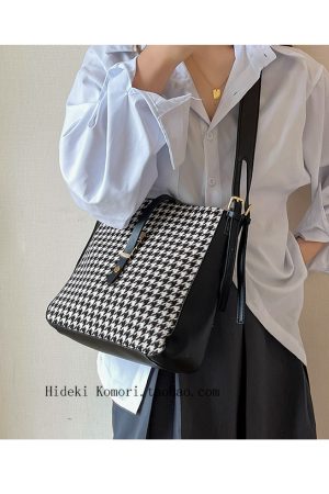 Women's Vintage Houndstooth Wool Crossbody Shoulder Bag - Fashionable Large Capacity Bucket Style for 2025