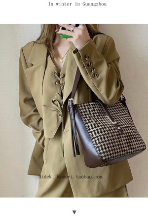 Women's Vintage Houndstooth Wool Crossbody Shoulder Bag - Fashionable Large Capacity Bucket Style for 2025