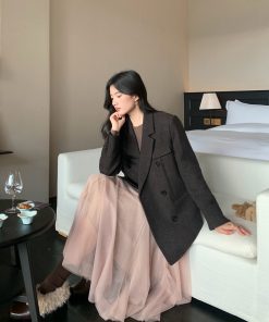 Women's Vintage Houndstooth Wool Suit Coat - High-End Temperament Overcoat for Chic 90s-Inspired Style