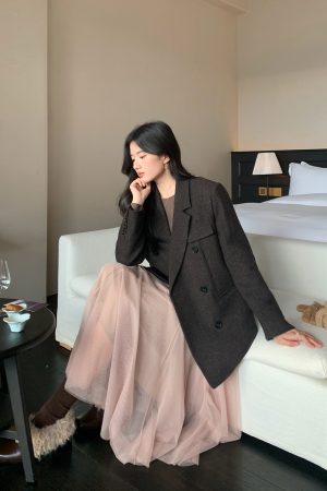 Women's Vintage Houndstooth Wool Suit Coat - High-End Temperament Overcoat for Chic 90s-Inspired Style