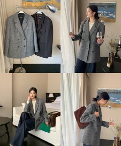 Women's Vintage Houndstooth Wool Suit Coat - High-End Temperament Overcoat for Chic 90s-Inspired Style