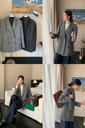 Women's Vintage Houndstooth Wool Suit Coat - High-End Temperament Overcoat for Chic 90s-Inspired Style
