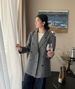 Women's Vintage Houndstooth Wool Suit Coat - High-End Temperament Overcoat for Chic 90s-Inspired Style