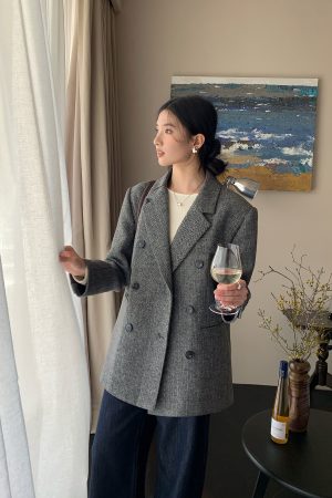 Women's Vintage Houndstooth Wool Suit Coat - High-End Temperament Overcoat for Chic 90s-Inspired Style