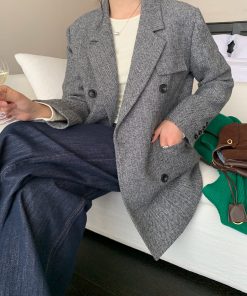 Women's Vintage Houndstooth Wool Suit Coat - High-End Temperament Overcoat for Chic 90s-Inspired Style